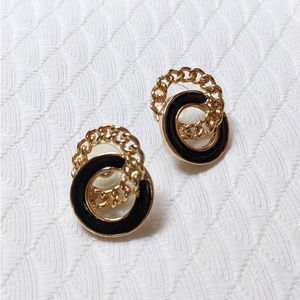 Vintage 80's Gold Tone & Black Post Earrings, Interlocking Circles, Avant Garde